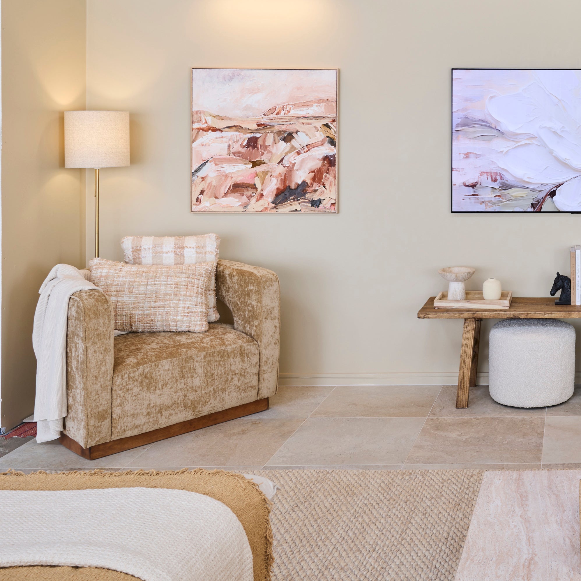 Grand Designs Gold Aged Velvet Armchair, Walnut