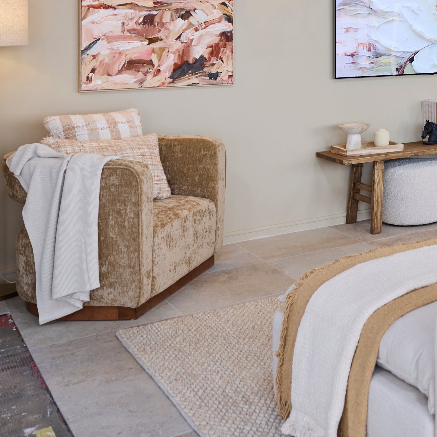 Grand Designs Gold Aged Velvet Armchair, Walnut