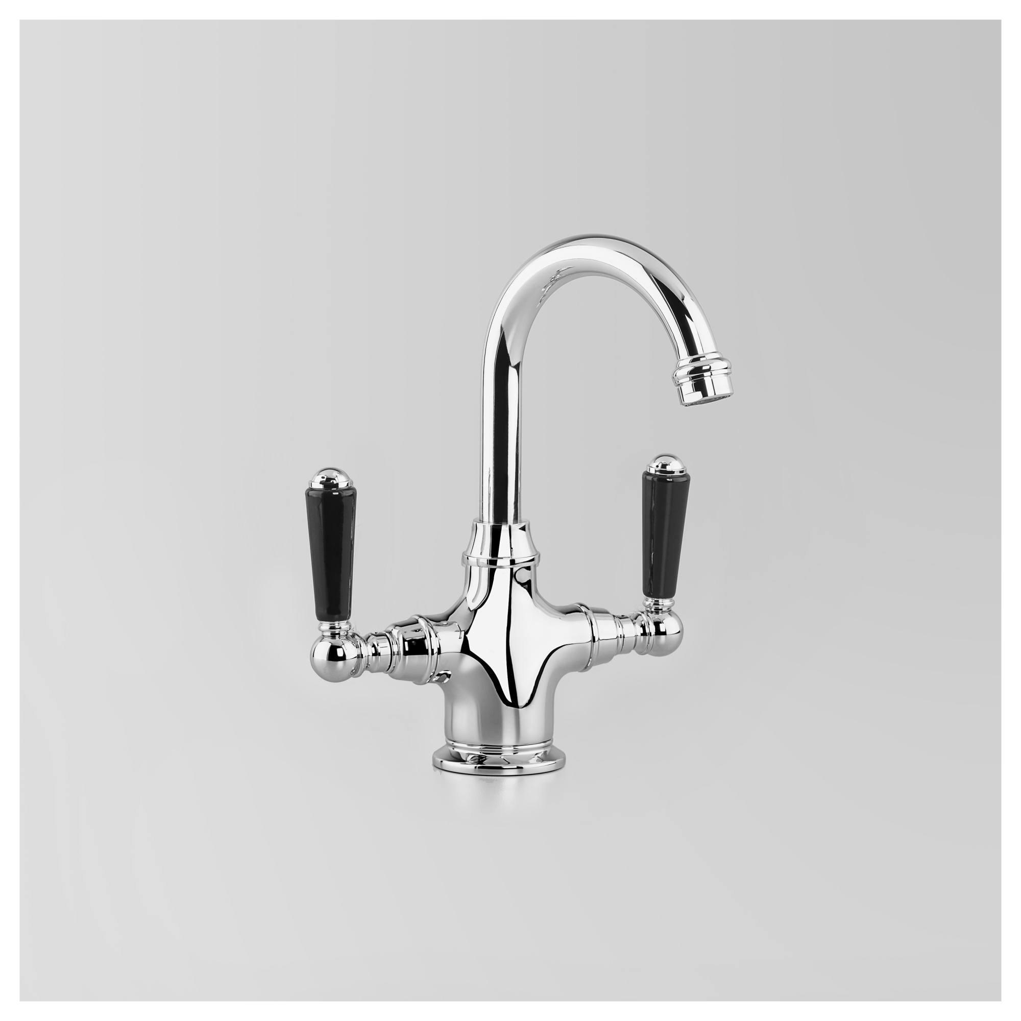 Olde English Basin Mixer 115mm Swivel Spout, Chrome & Black Porcelain Lever