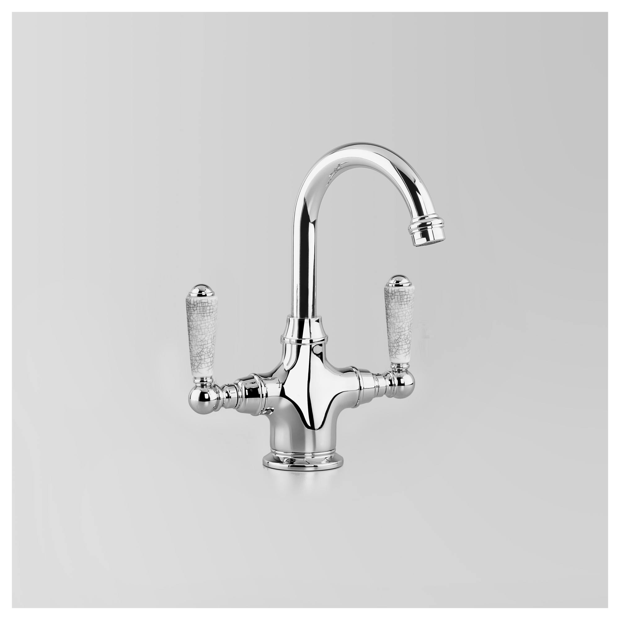 Olde English Basin Mixer 115mm Swivel Spout, Chrome & Crackle Porcelain Lever