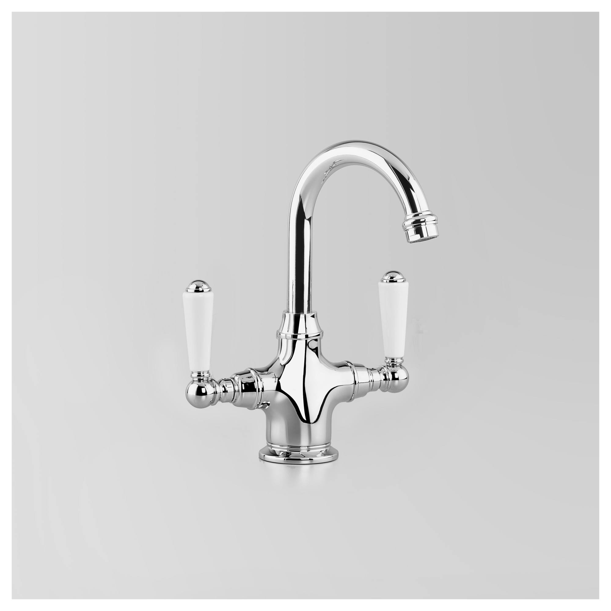 Olde English Basin Mixer 115mm Swivel Spout, Chrome & White Porcelain Lever