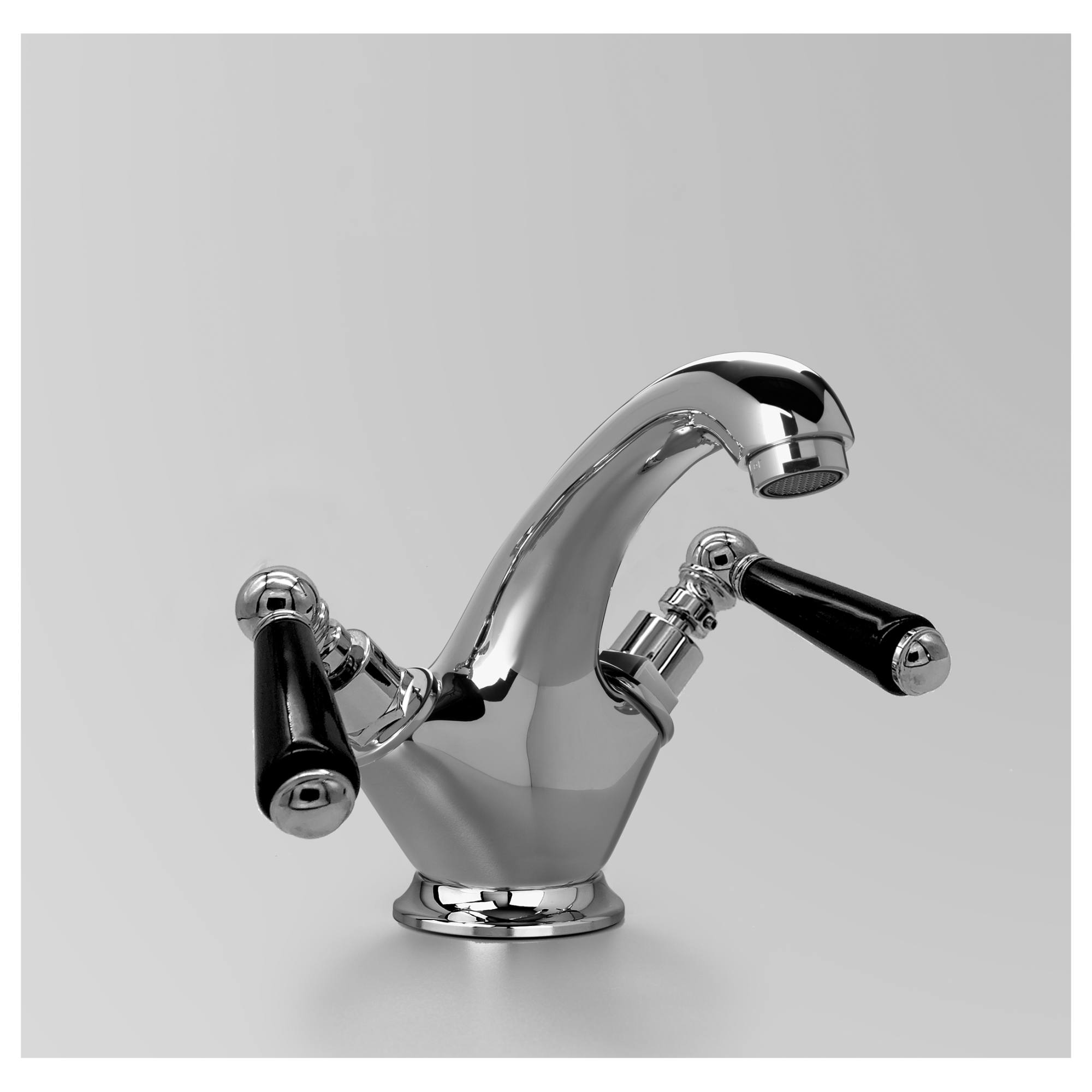 Edwardian Basin Mixer 125mm Fixed Spout, Chrome & Black Porcelain Lever