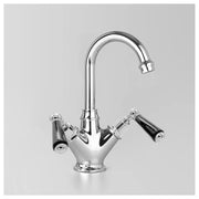 Edwardian Basin Mixer 115mm Swivel Spout, Chrome & Black Porcelain Lever