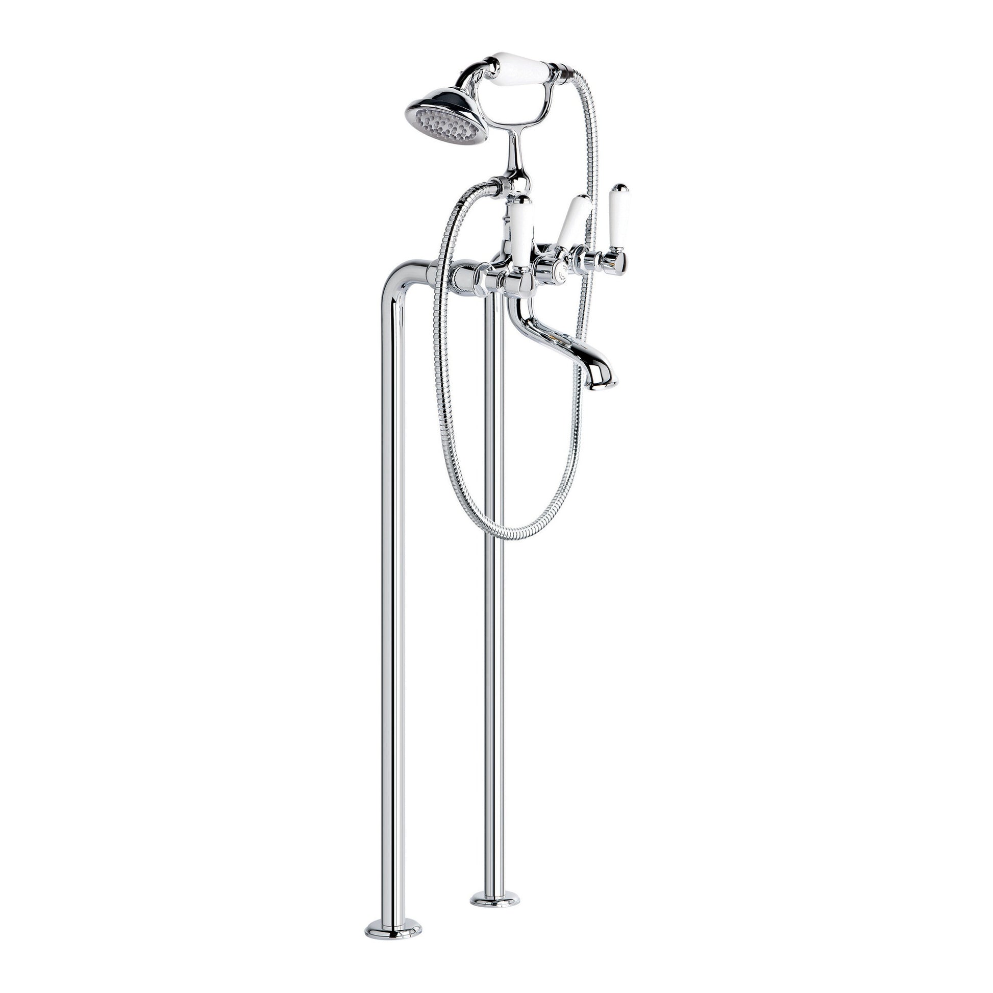 Winslow Bath Mixer w White Porcelain Levers and Diverter and Floor Mounted, Durobrite Chrome