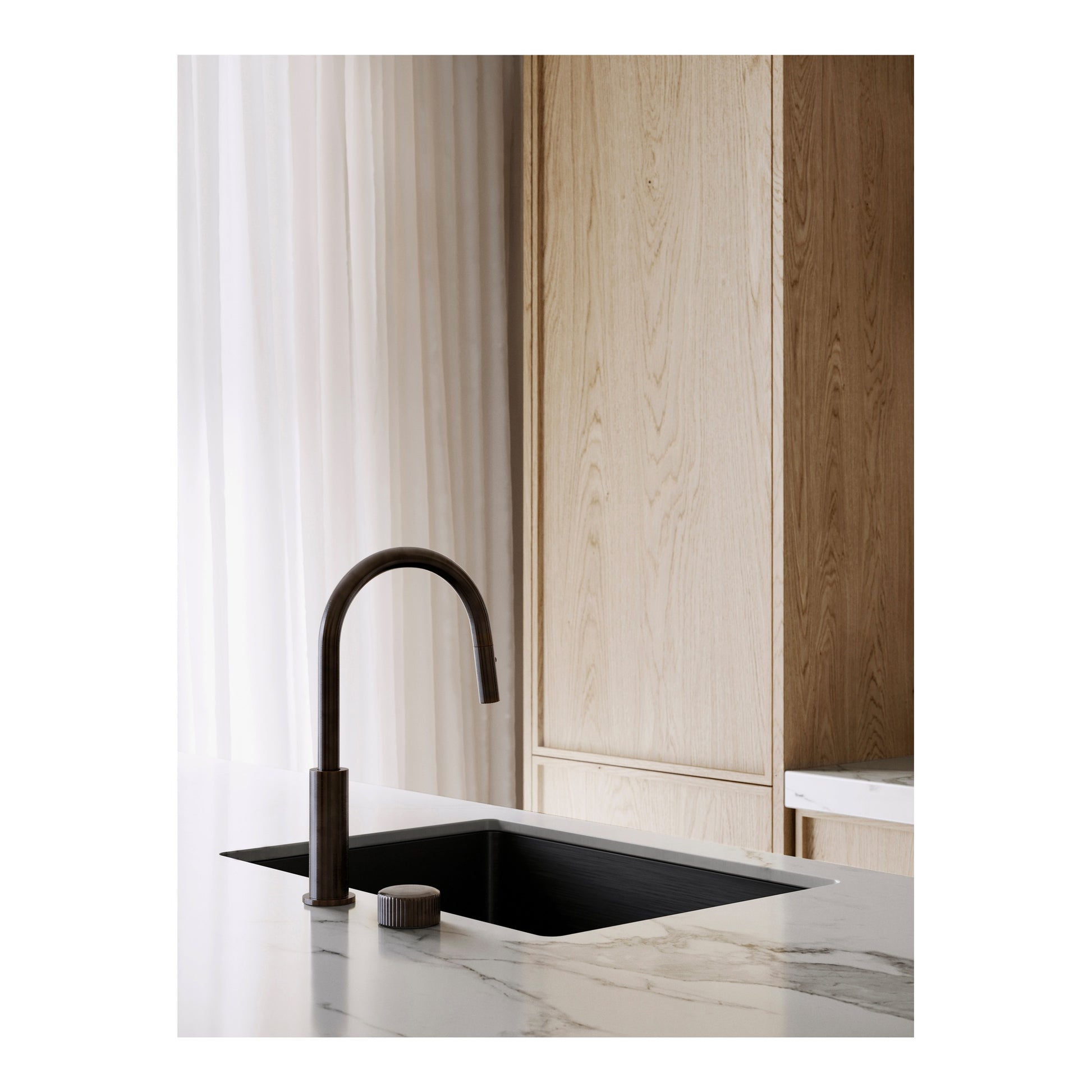 Halo Kitchen Set w Pleat Handle and Pullout Spray, Aged Iron PVD