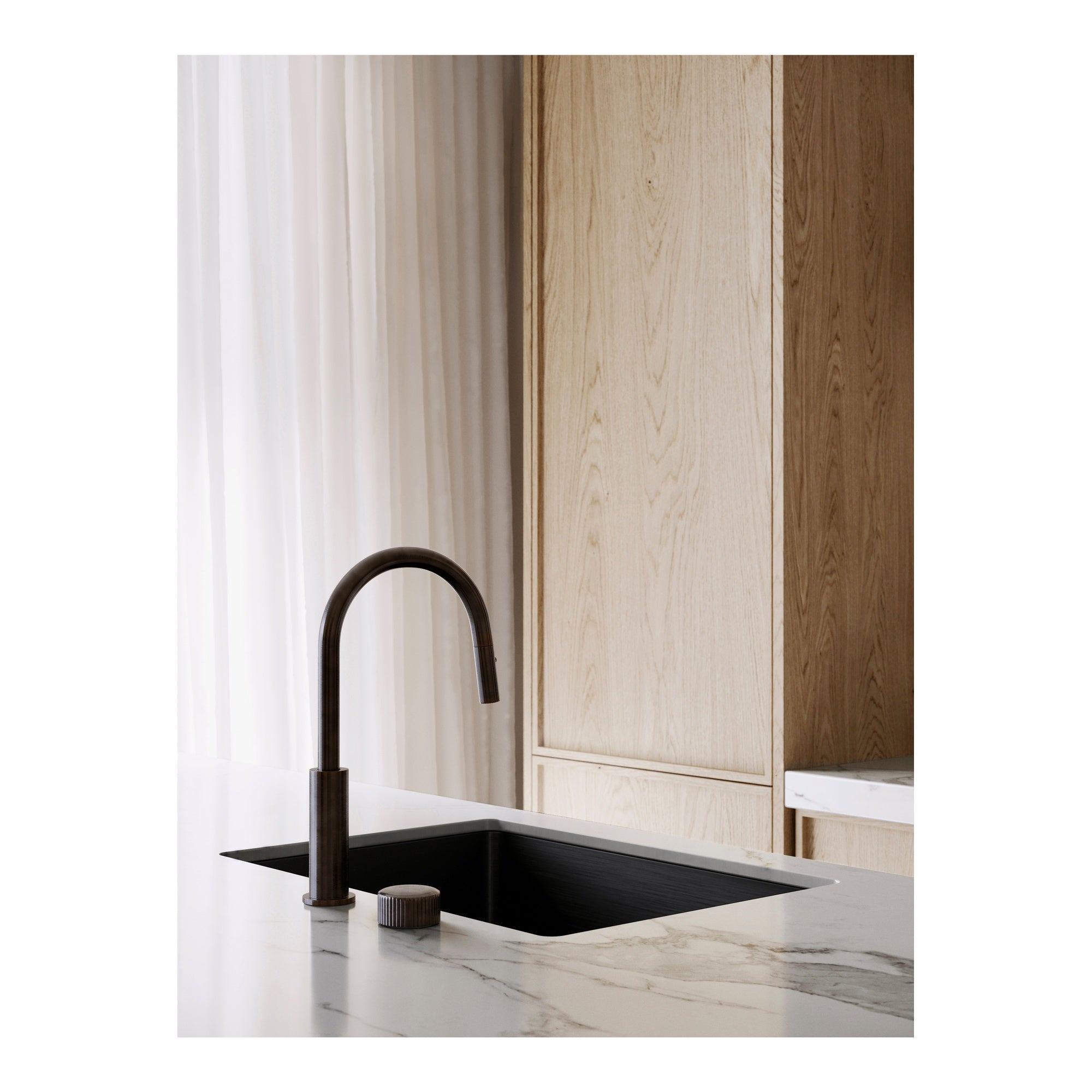 Halo Kitchen Set w Pleat Handle and Pullout Spray, Aged Iron PVD