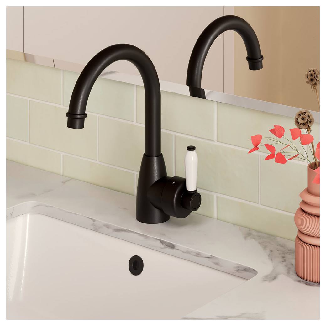 Eleanor Gooseneck Basin Mixer, Matte Black & Ceramic