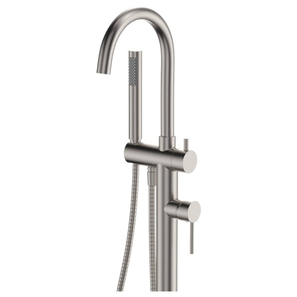 Kaya Floor Mounted Bath Mixer With Hand Shower, Brushed Nickel