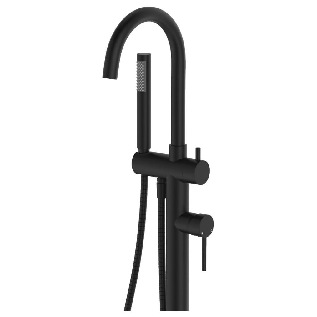 Kaya Floor Mounted Bath Mixer With Hand Shower, Matte Black
