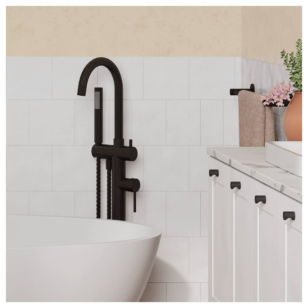 Kaya Floor Mounted Bath Mixer With Hand Shower, Matte Black