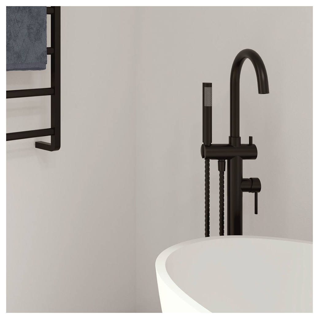 Kaya Floor Mounted Bath Mixer With Hand Shower, Matte Black