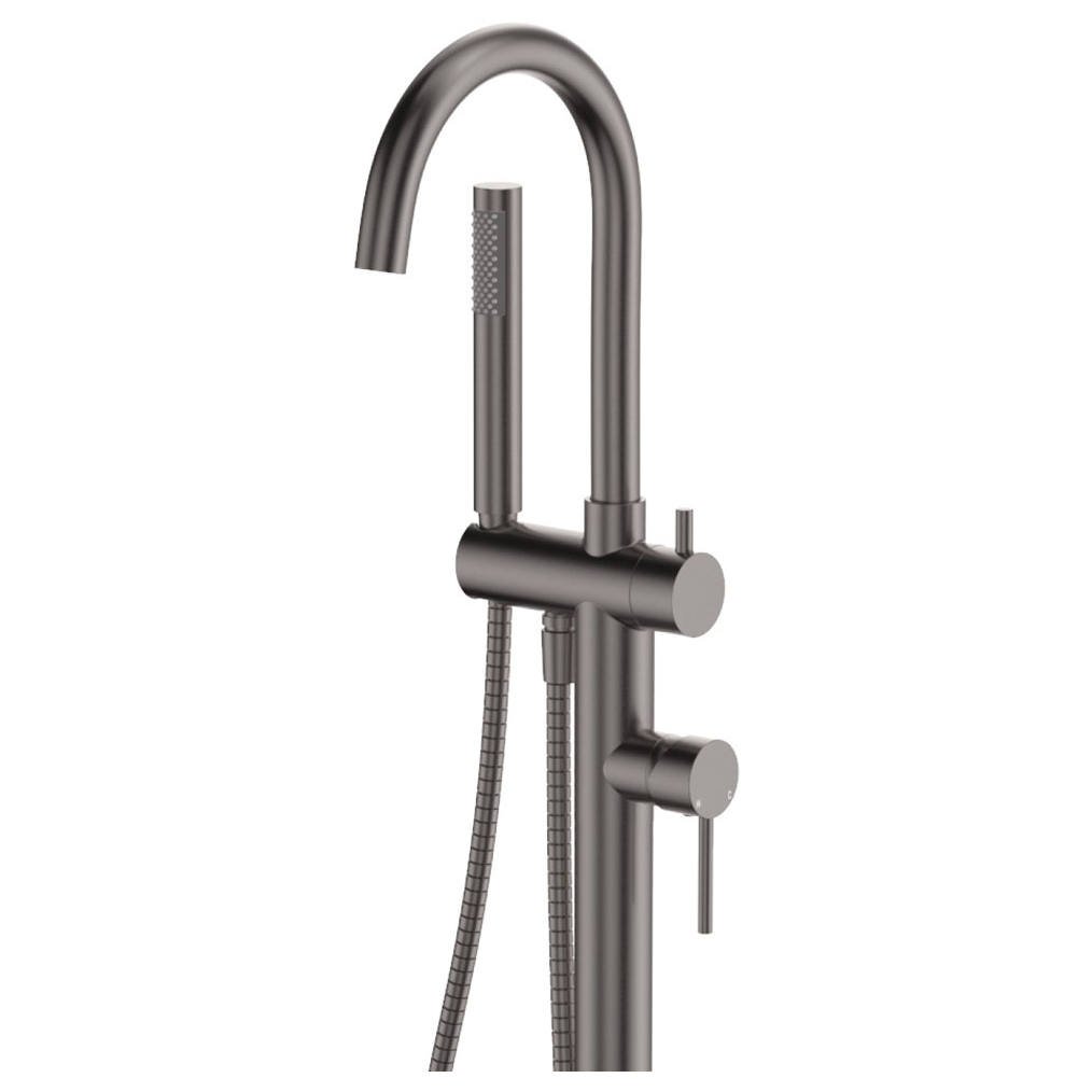 Kaya Floor Mounted Bath Mixer With Hand Shower, Gun Metal