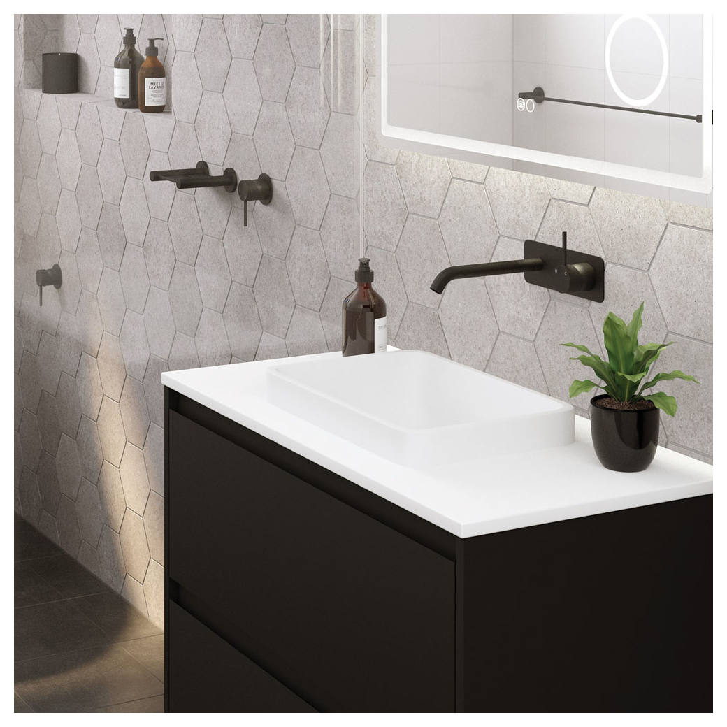 Kaya Up Wall Mixer Set, Rect Plate, 200mm Outlet, Matte Black