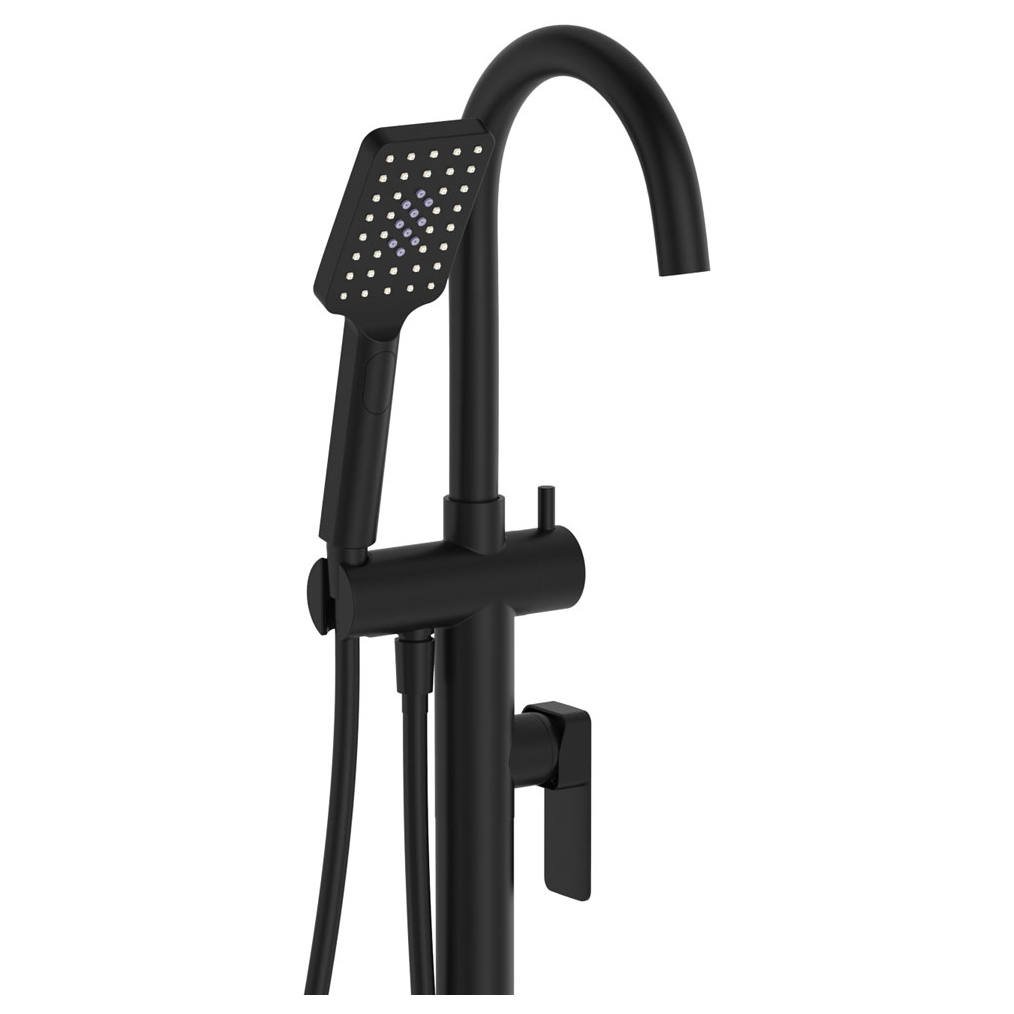 Tono Floor Mounted Bath Mixer With Hand Shower, Matte Black