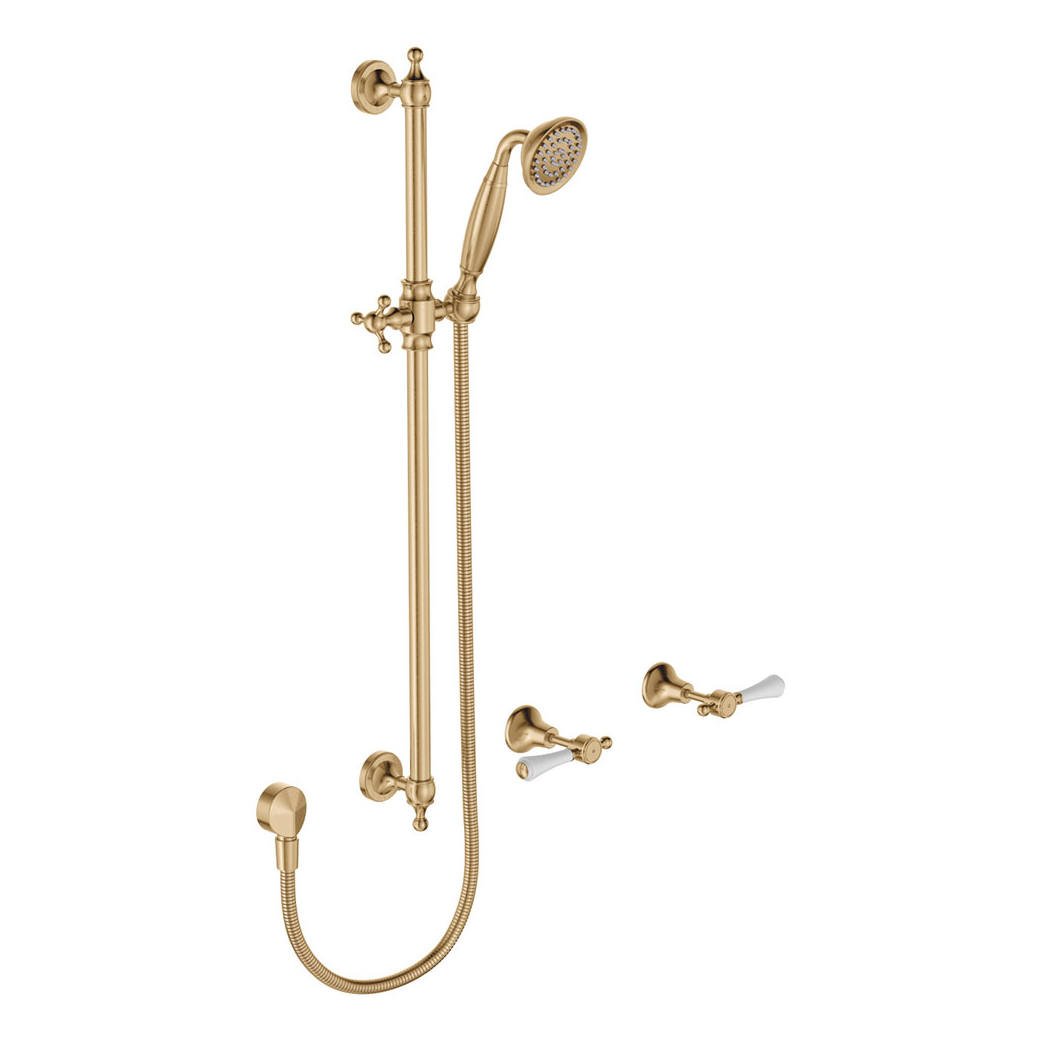 Lillian Lever Rail Shower Set, Urban Brass with Ceramic White Handle