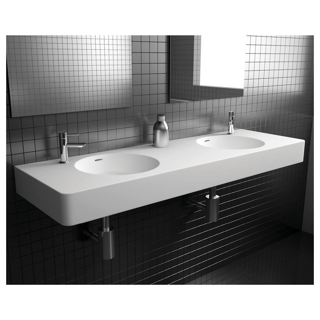 Encanto 1400 Solid Surface Wall Basin, Double Bowl, 2 Tap Holes, Matte White