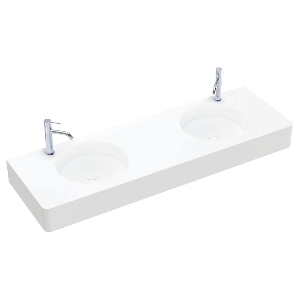 Encanto 1400 Solid Surface Wall Basin, Double Bowl, 2 Tap Holes, Matte White