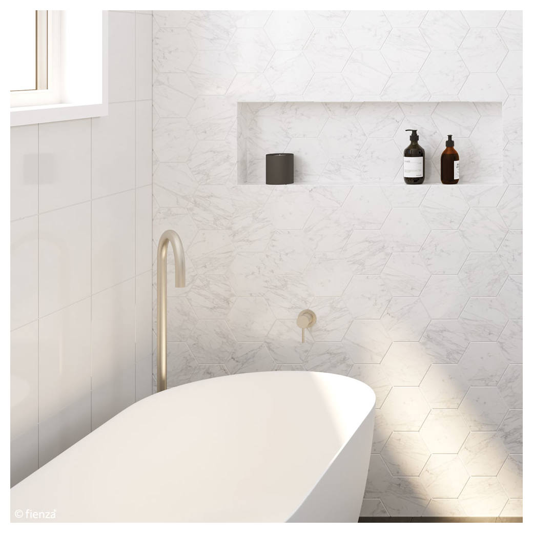 Kaya Gooseneck Floor Mounted Bath Outlet, Brushed Nickel