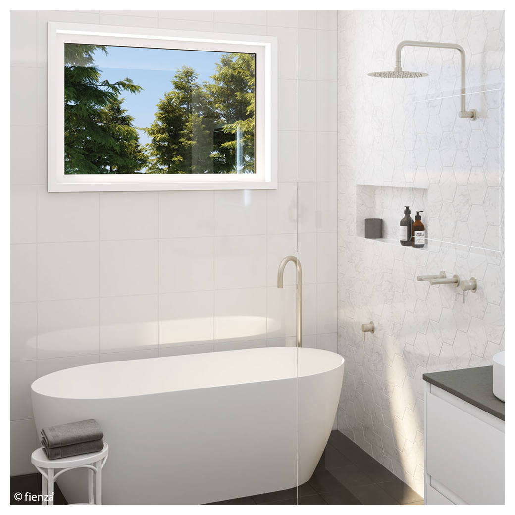 Kaya Gooseneck Floor Mounted Bath Outlet, Brushed Nickel