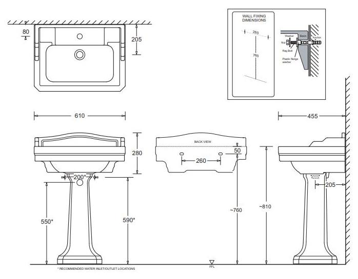 Colonial Wall Hung Basin (61x45.5x28), White