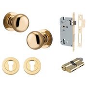 Cambridge Knob Round Rose Entrance Kit w Separate High Security Lock Polished Brass