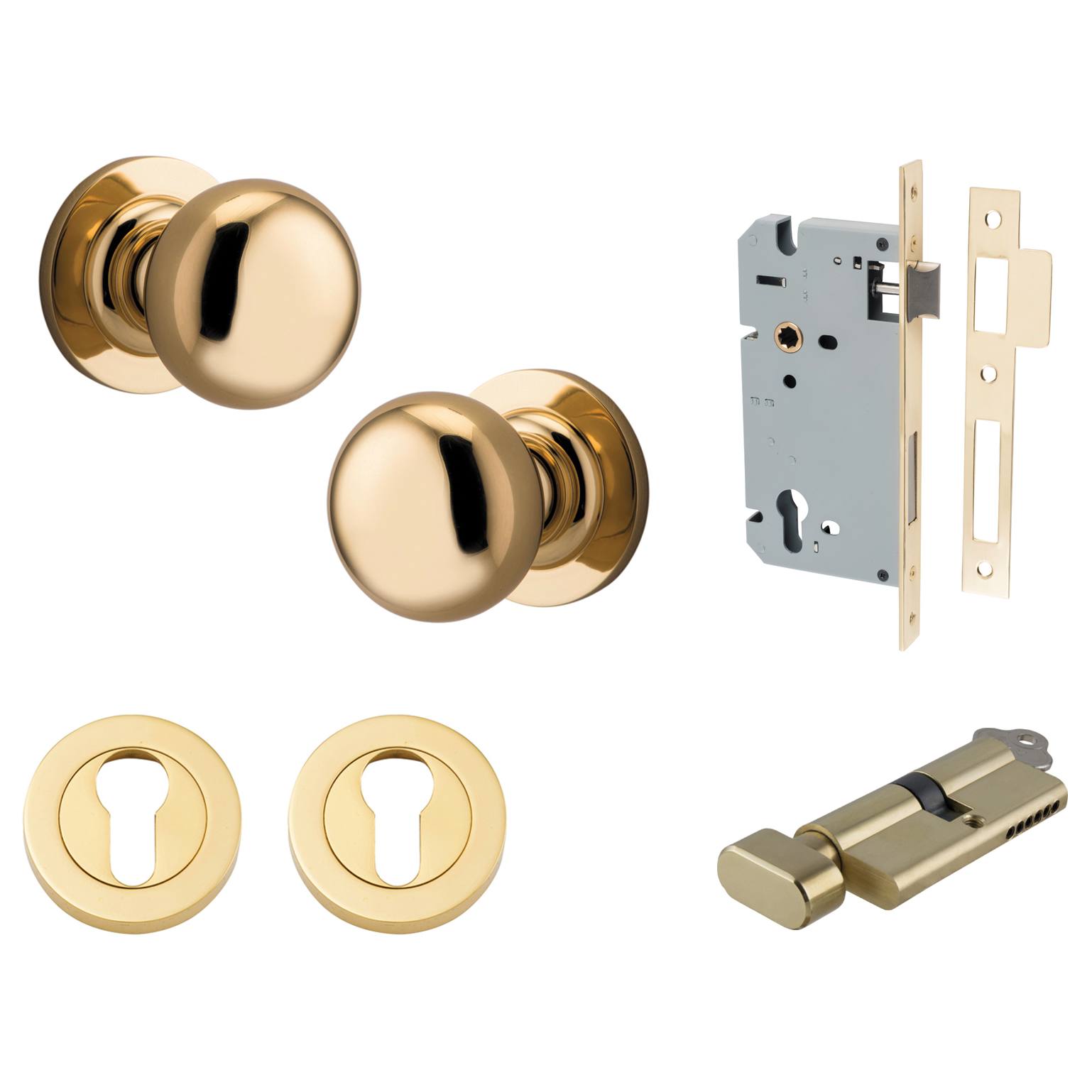 Cambridge Knob Round Rose Entrance Kit w Separate High Security Lock Polished Brass