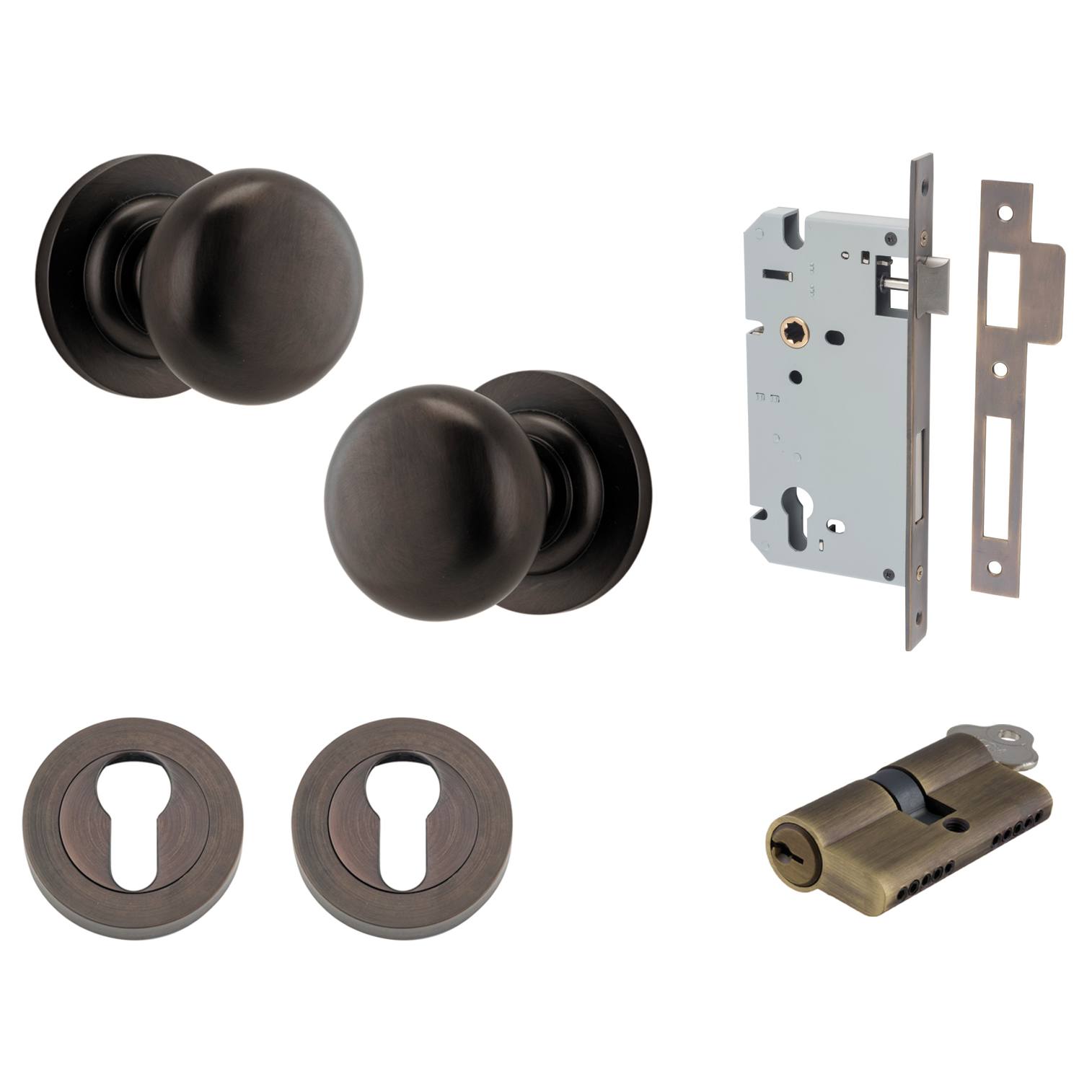 Cambridge Knob Round Rose Entrance Kit w Separate High Security Lock Signature Brass
