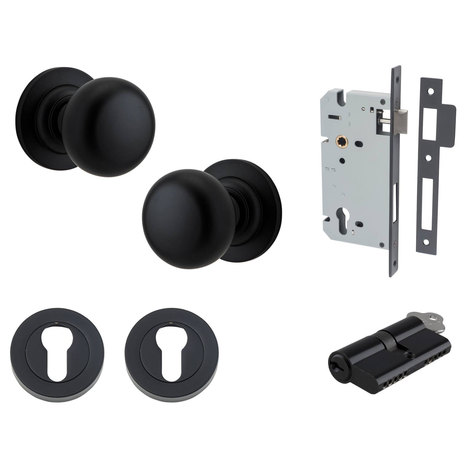 Cambridge Knob Round Rose Entrance Kit w Separate High Security Lock Matt Black