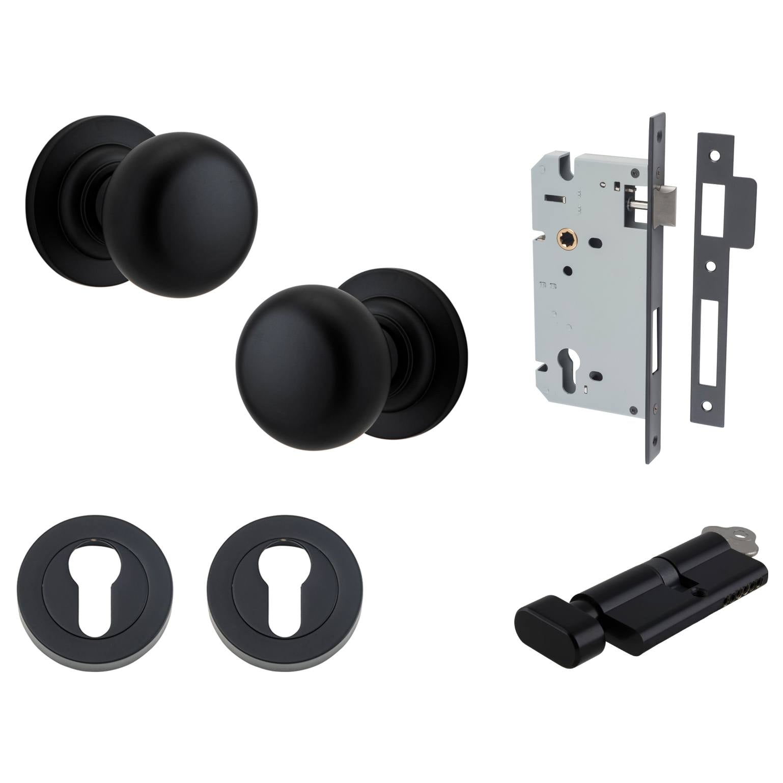 Cambridge Knob Round Rose Entrance Kit w Separate High Security Lock Matt Black