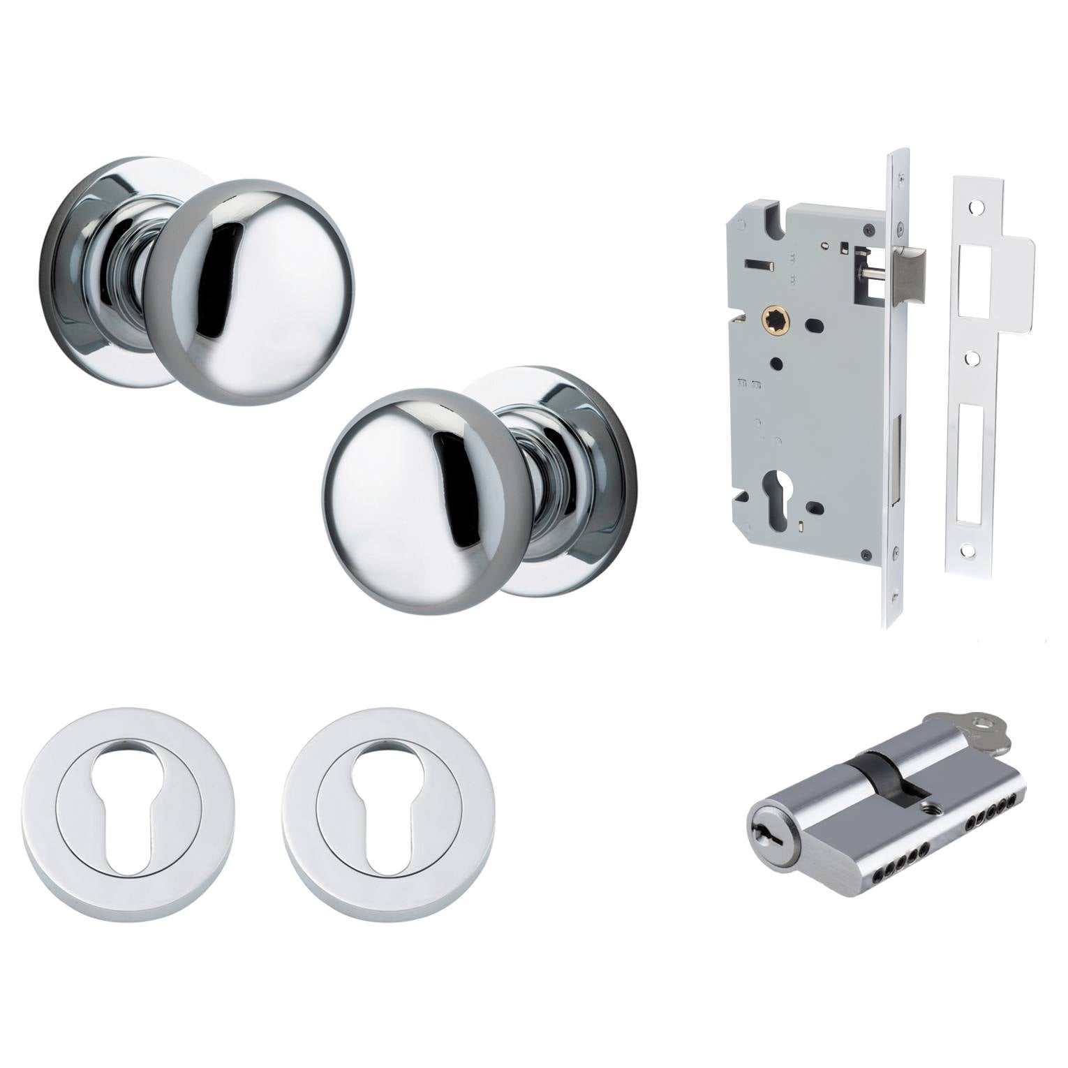 Cambridge Knob Round Rose Entrance Kit w Separate High Security Lock Polished Chrome