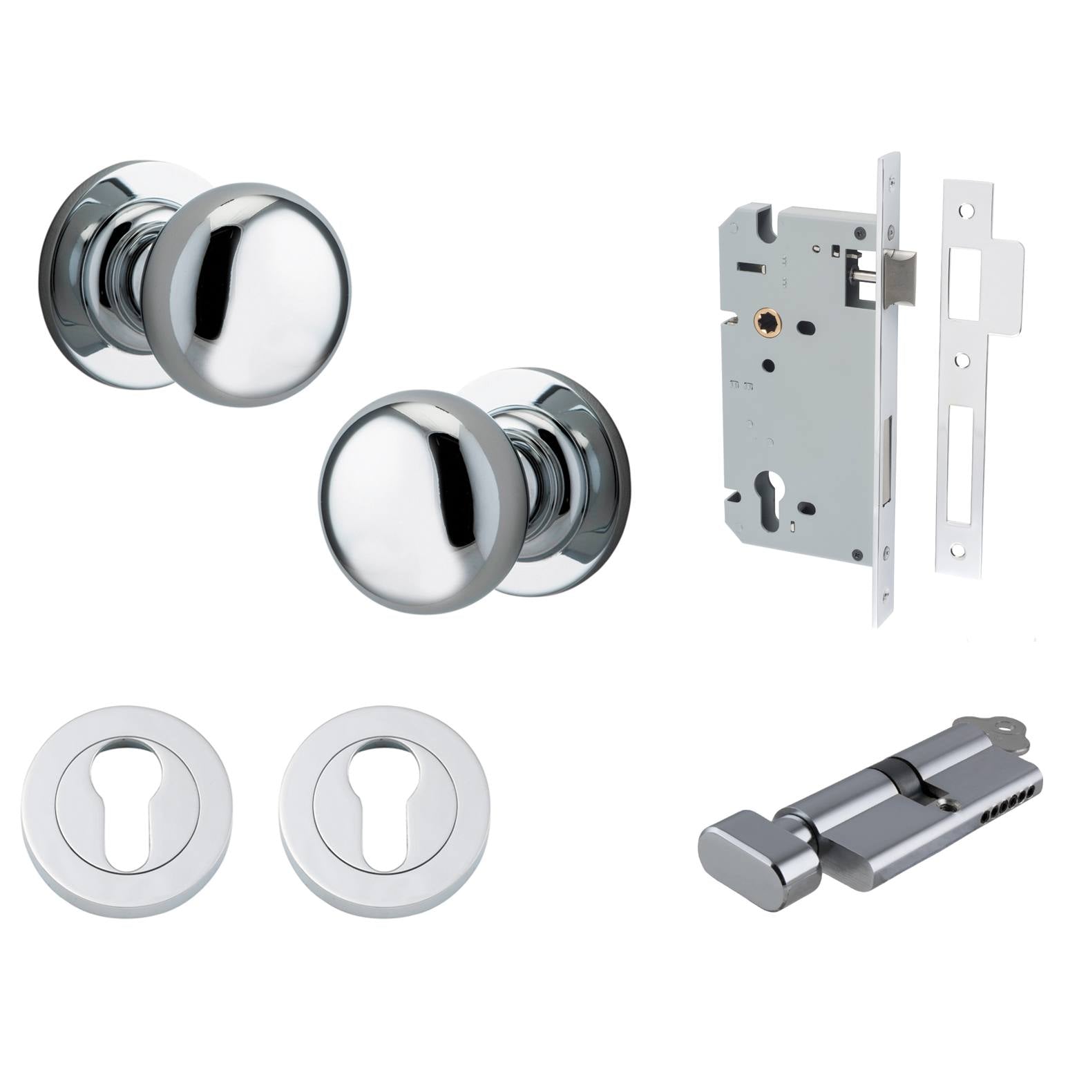 Cambridge Knob Round Rose Entrance Kit w Separate High Security Lock Polished Chrome