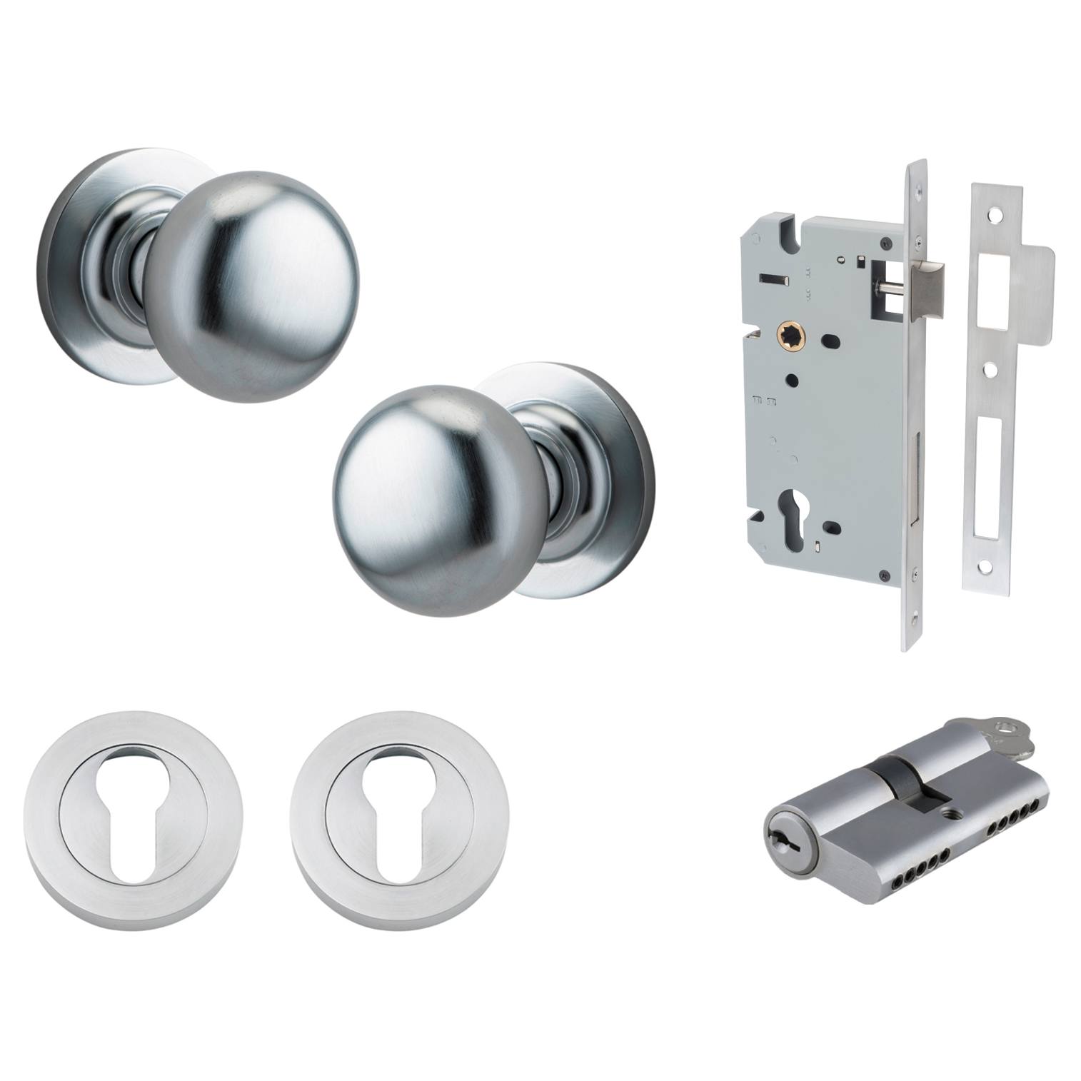 Cambridge Knob Round Rose Entrance Kit w Separate High Security Lock Brushed Chrome