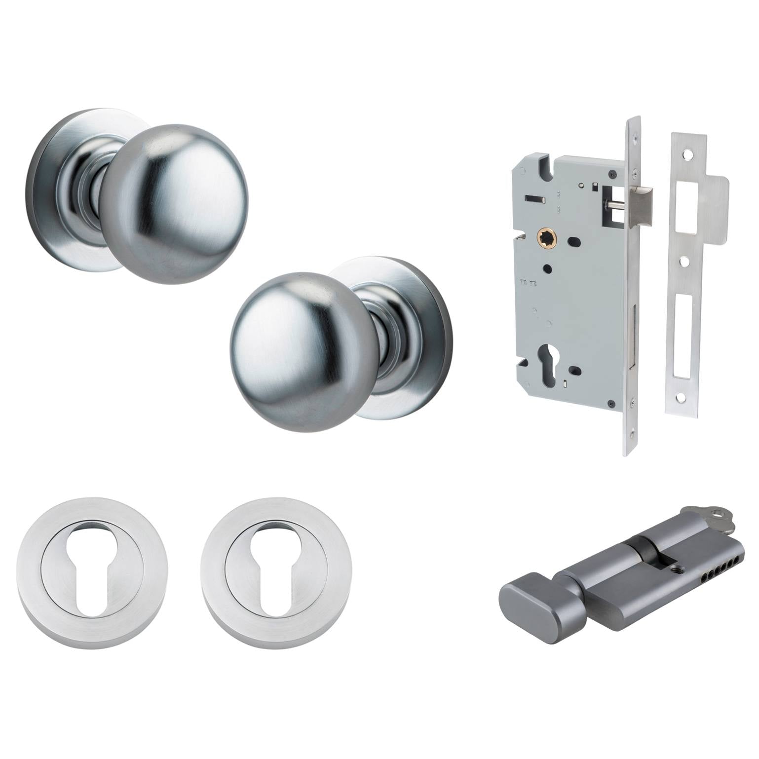 Cambridge Knob Round Rose Entrance Kit w Separate High Security Lock Brushed Chrome