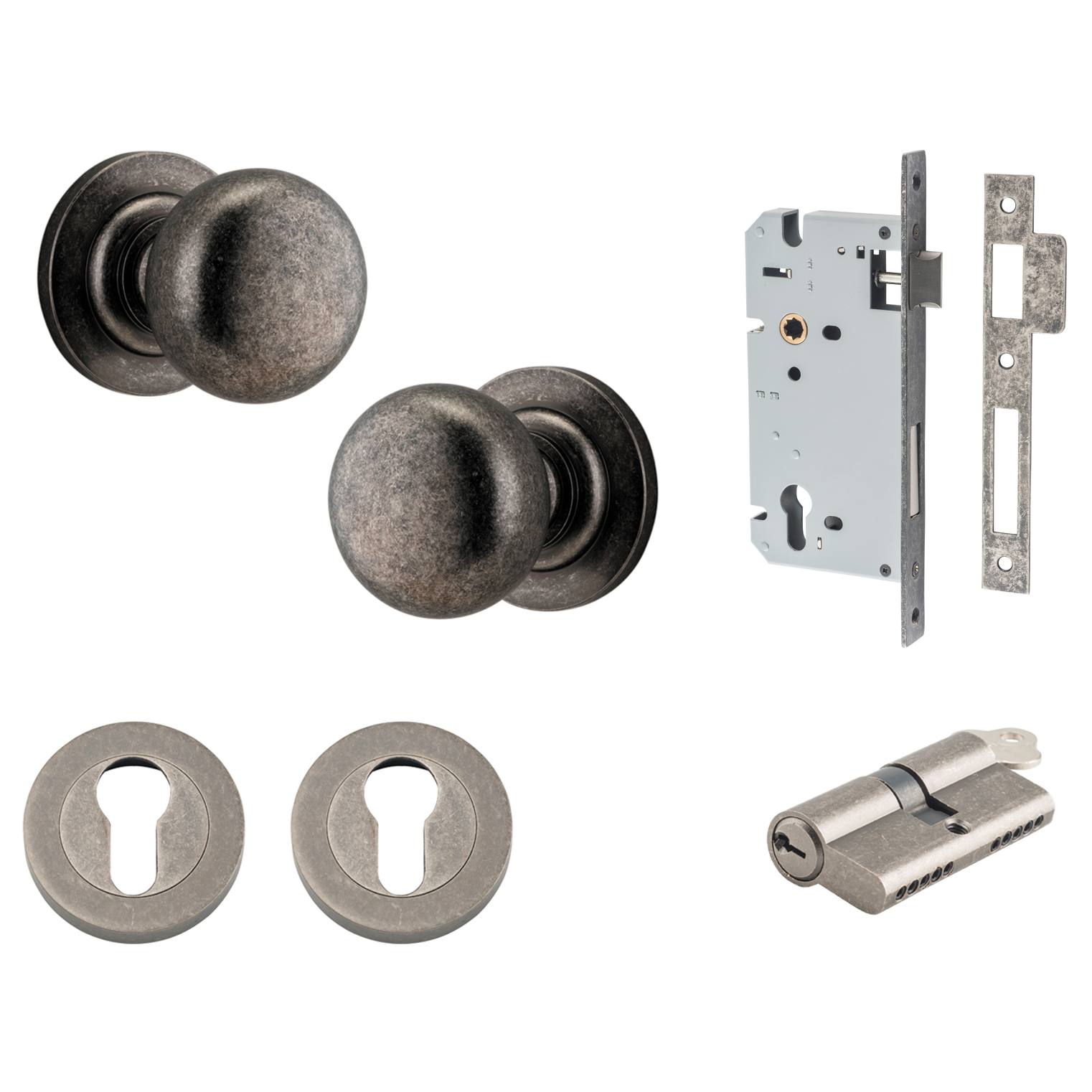 Cambridge Knob Round Rose Entrance Kit w Separate High Security Lock Distressed Nickel