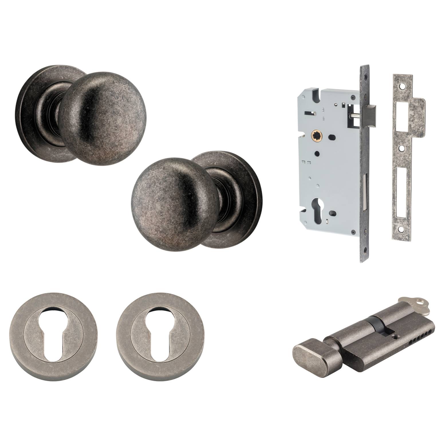 Cambridge Knob Round Rose Entrance Kit w Separate High Security Lock Distressed Nickel