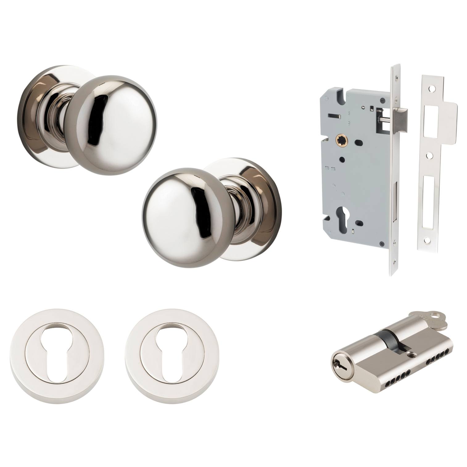 Cambridge Knob Round Rose Entrance Kit w Separate High Security Lock Polished Nickel