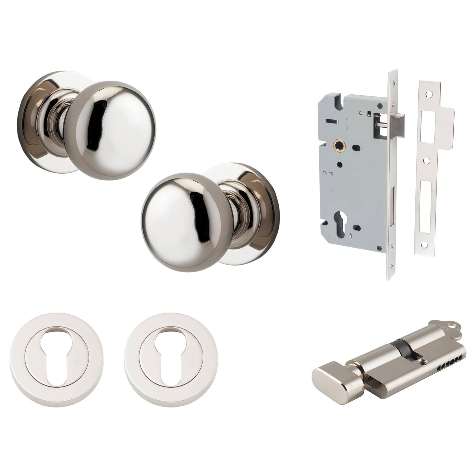 Cambridge Knob Round Rose Entrance Kit w Separate High Security Lock Polished Nickel