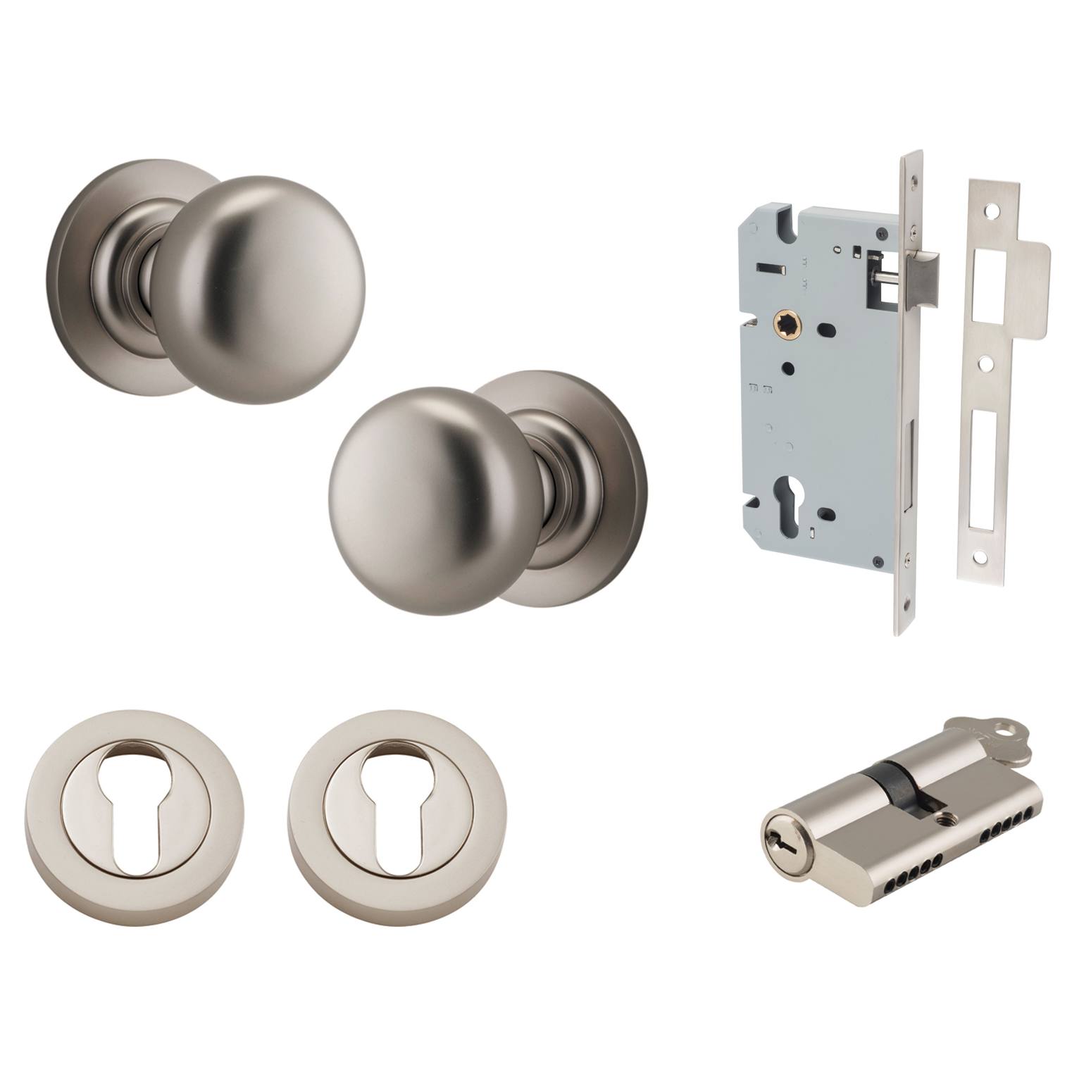 Cambridge Knob Round Rose Entrance Kit w Separate High Security Lock Satin Nickel