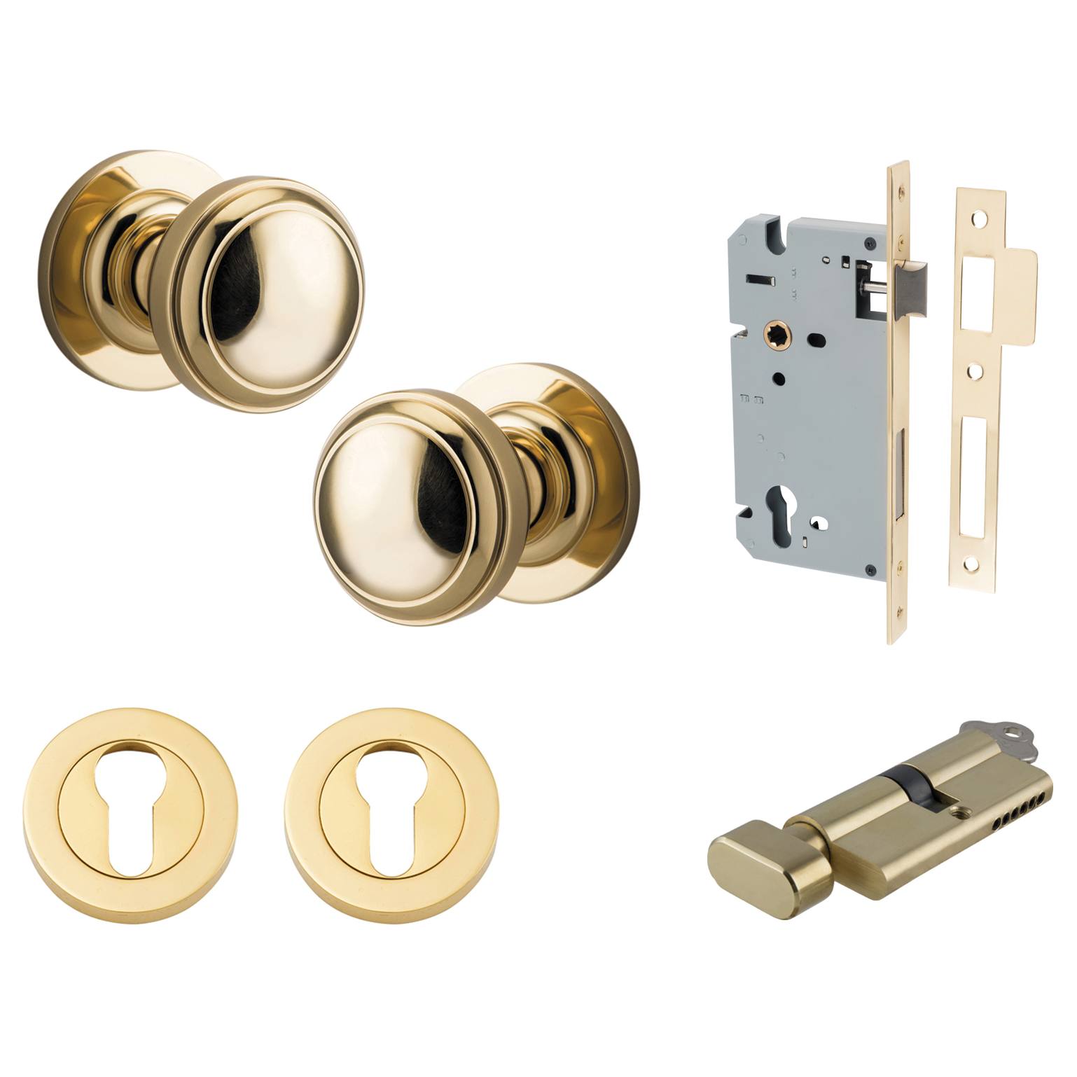 Paddington Knob Round Rose Entrance Kit w Separate High Security Lock Polished Brass