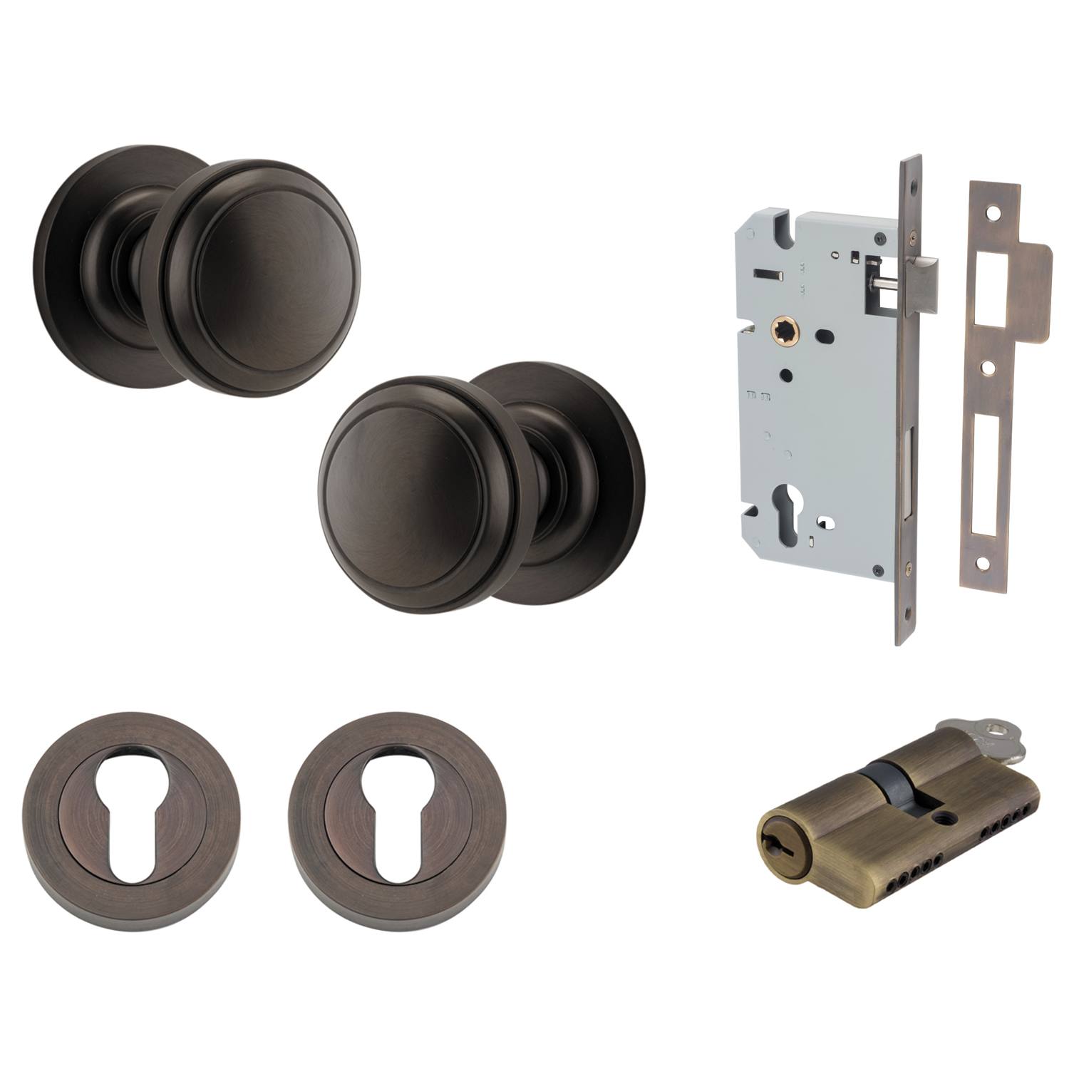 Paddington Knob Round Rose Entrance Kit with Separate High Security Lock Signature Brass
