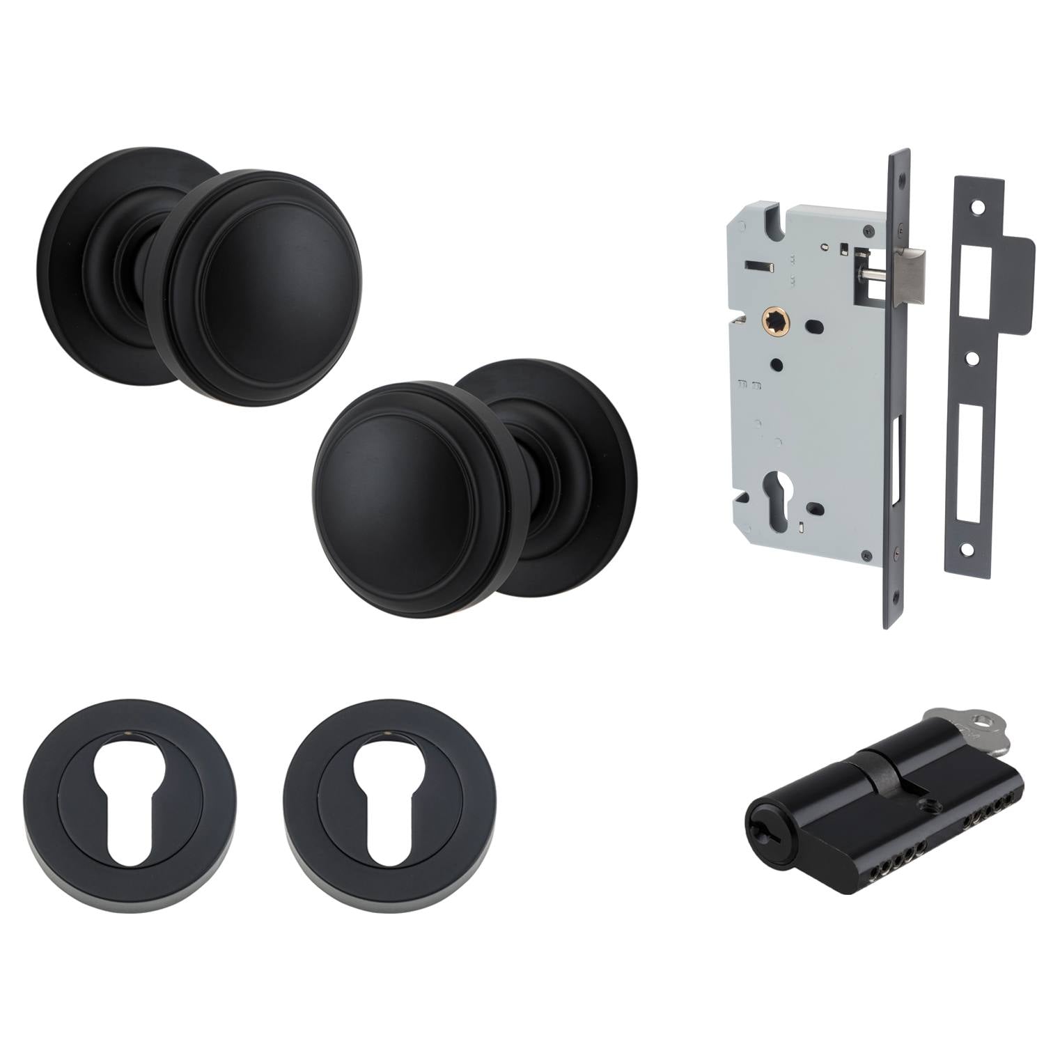 Paddington Knob Round Rose Entrance Kit w Separate High Security Lock Matt Black