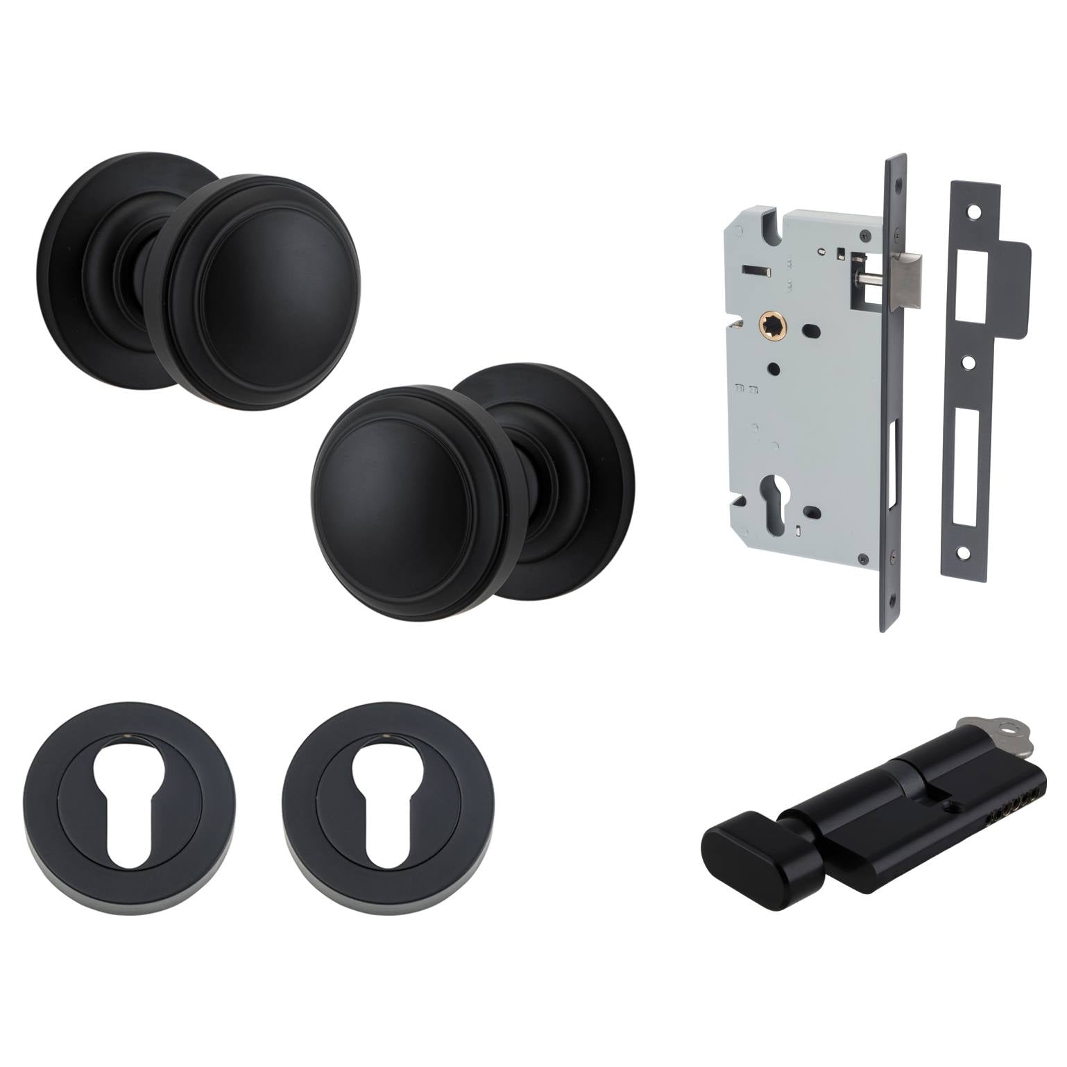 Paddington Knob Round Rose Entrance Kit w Separate High Security Lock Matt Black