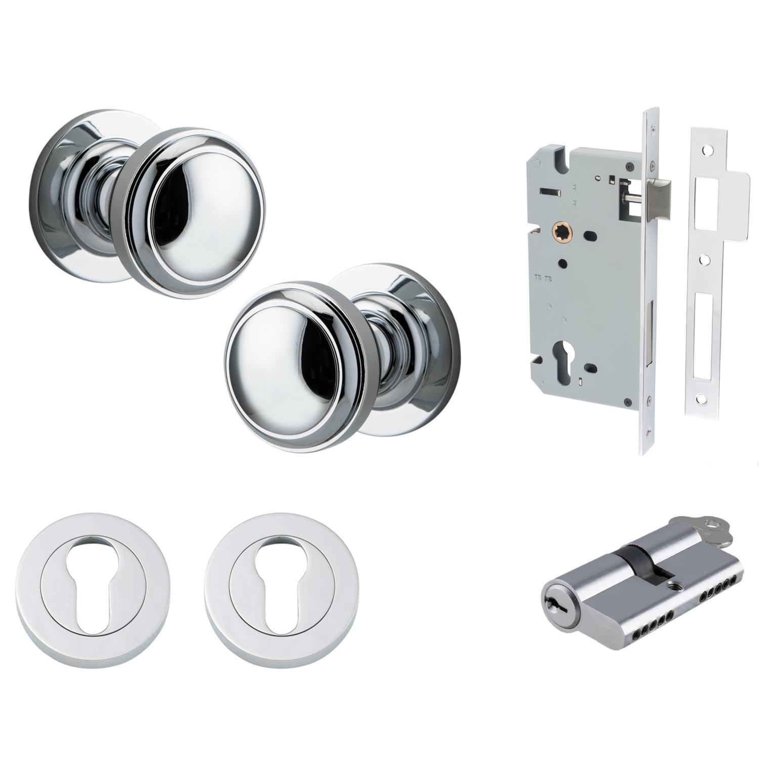Paddington Knob Round Rose Entrance Kit w Separate High Security Lock Polished Chrome