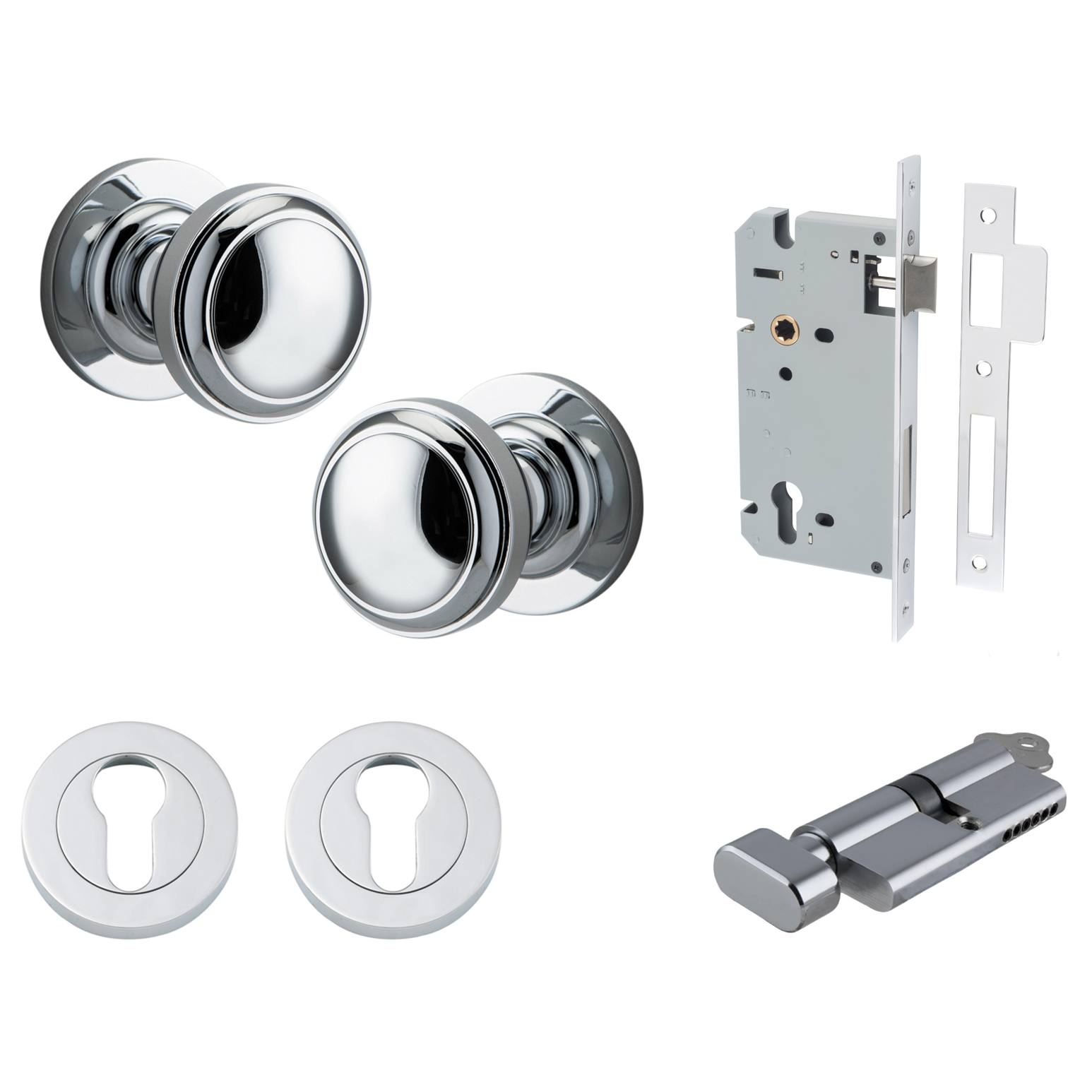 Paddington Knob Round Rose Entrance Kit w Separate High Security Lock Polished Chrome
