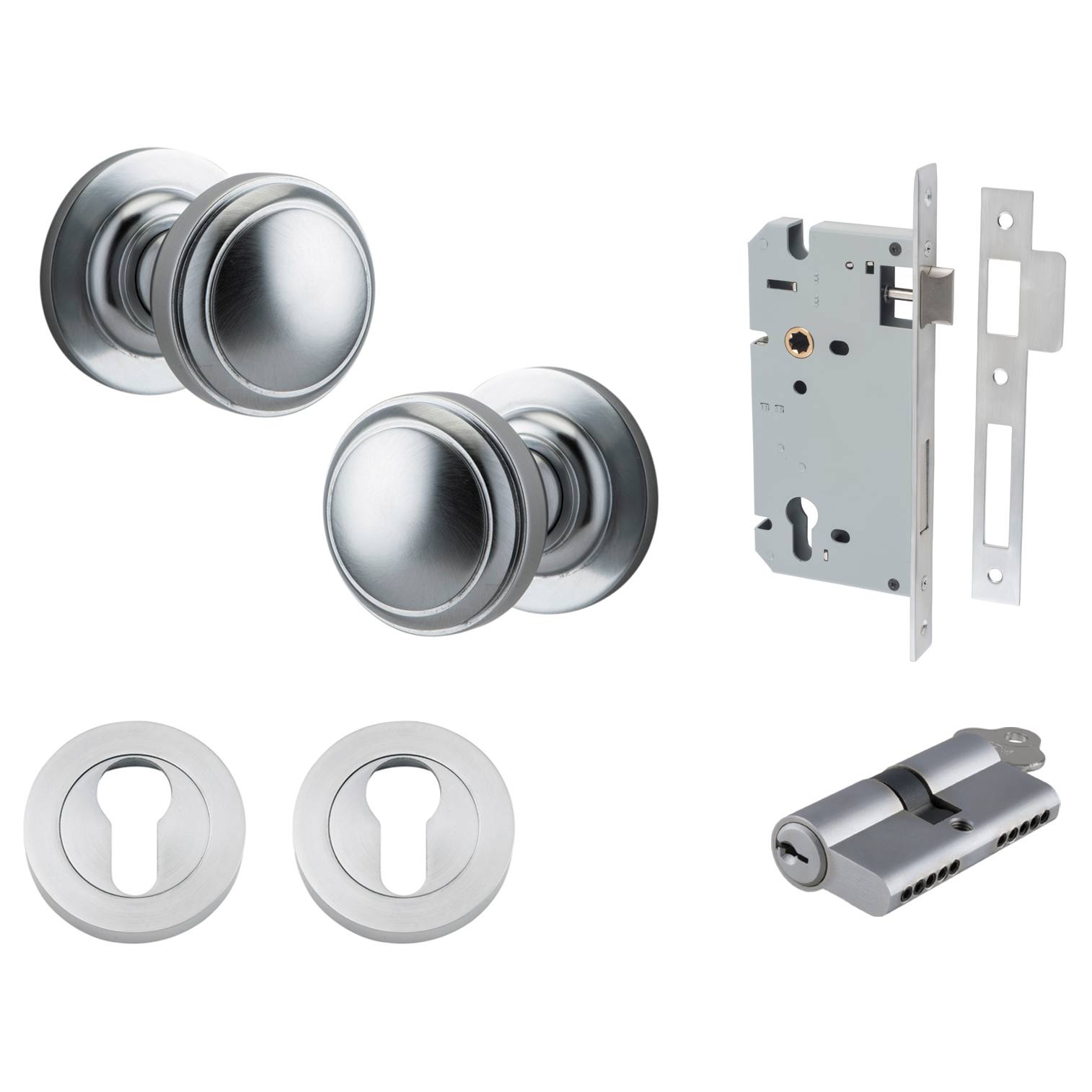 Paddington Knob Round Rose Entrance Kit w Separate High Security Lock Brushed Chrome