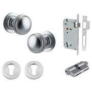 Paddington Knob Round Rose Entrance Kit w Separate High Security Lock Brushed Chrome