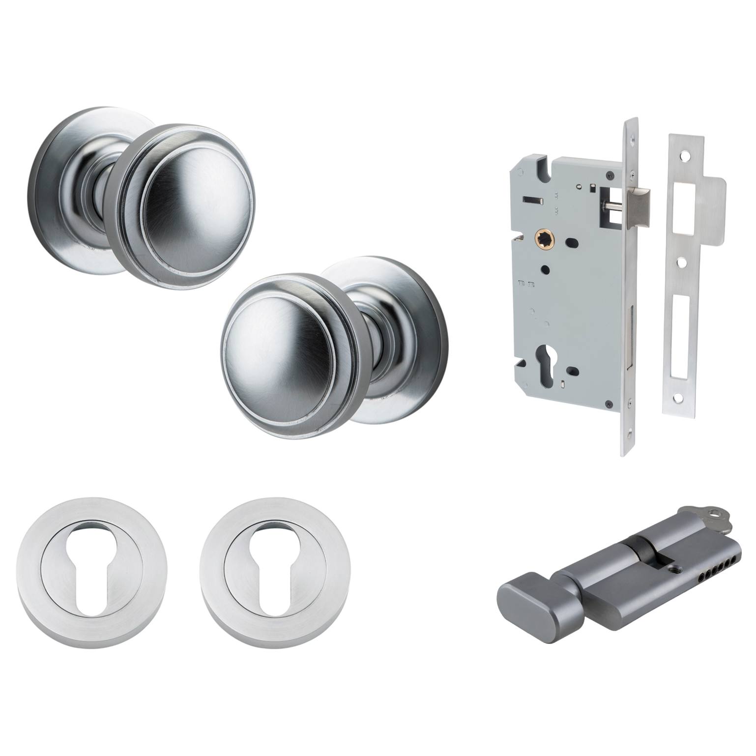 Paddington Knob Round Rose Entrance Kit w Separate High Security Lock Brushed Chrome