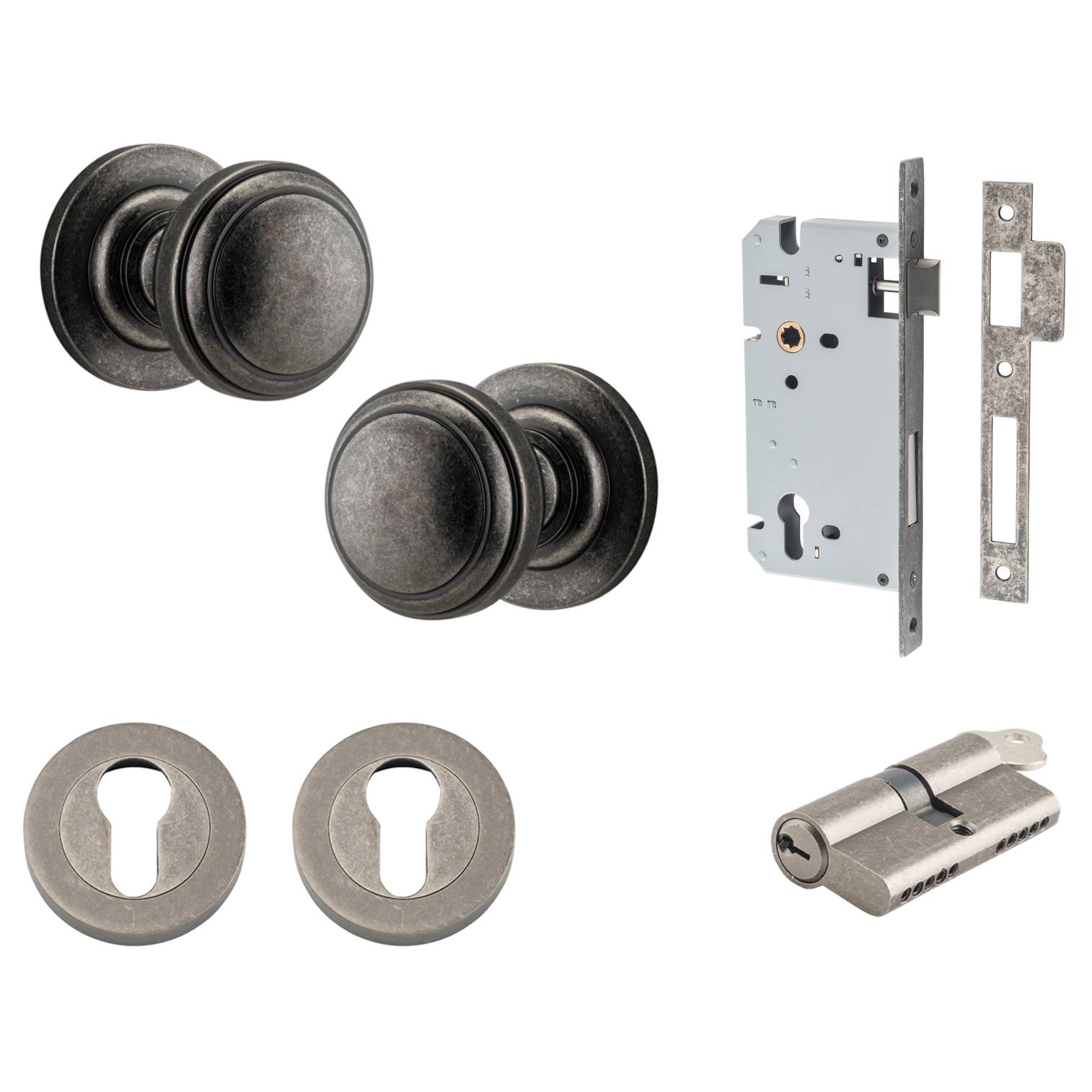 Paddington Knob Round Rose Entrance Kit w Separate High Security Lock Distressed Nickel