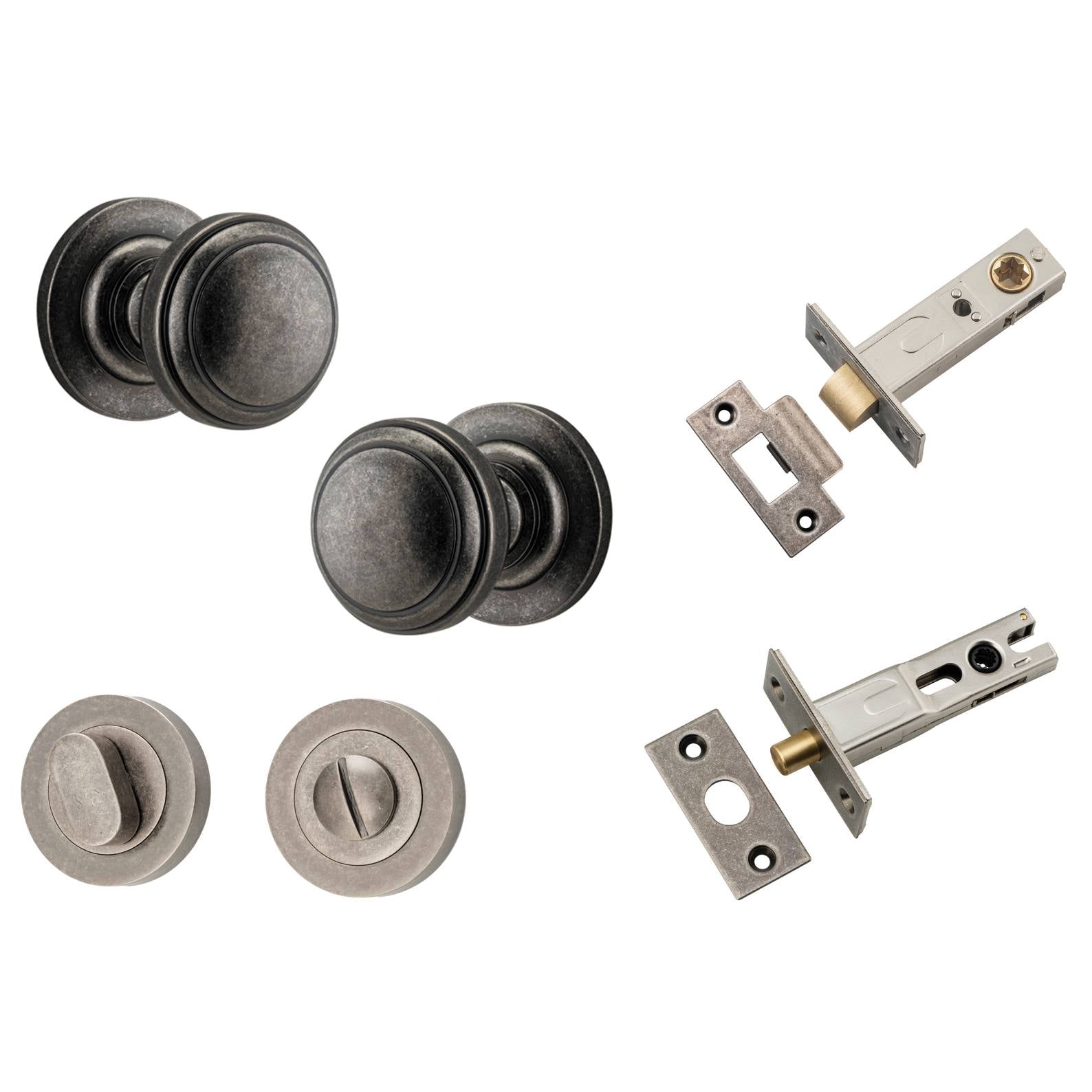 Paddington Knob Round Rose Privacy Kit w Separate Privacy Turn Distressed Nickel