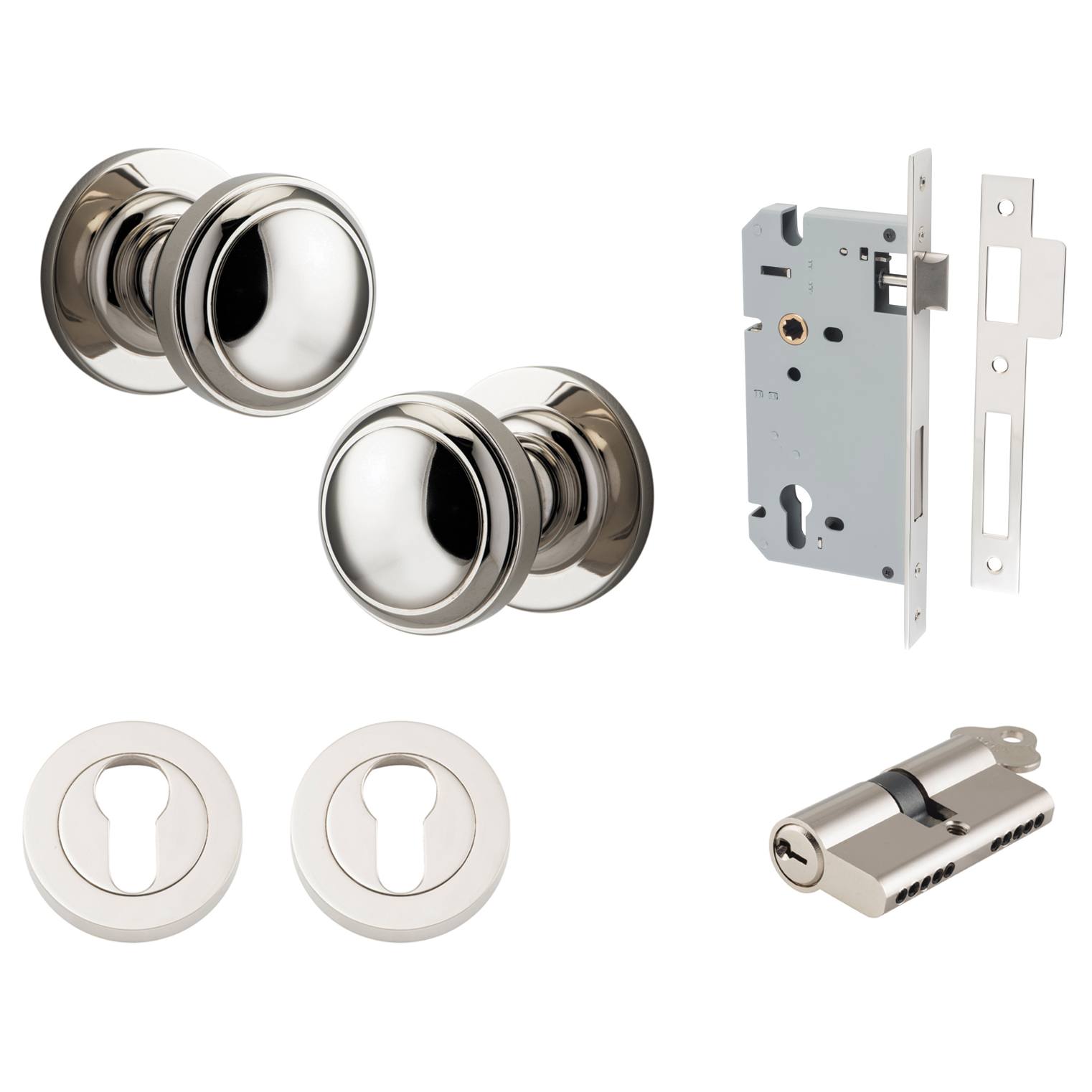 Paddington Knob Round Rose Entrance Kit w Separate High Security Lock Polished Nickel